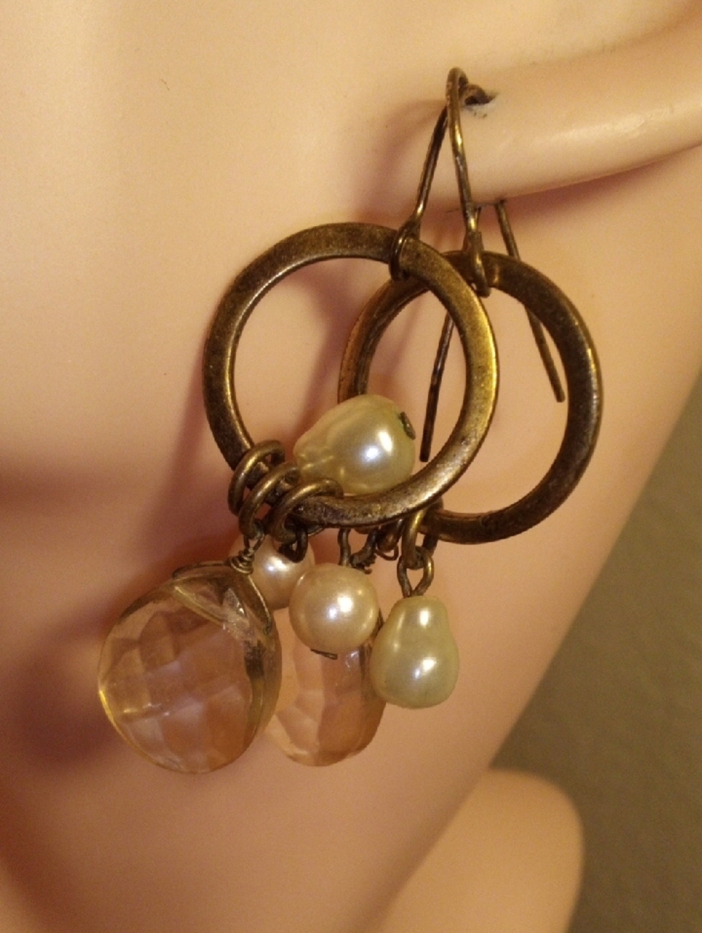 Handcrafted Pearl & Crystal Drop Earrings in Gold Tone - Picture 3 of 4